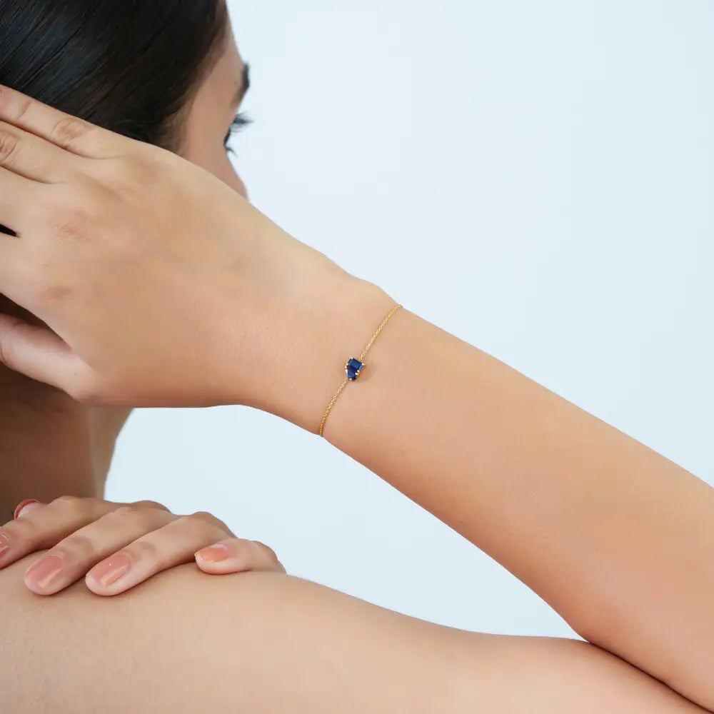 Prong Set Blue Sapphire Gemstone Toi et Moi Bracelet Minimal Jewelry Pure K14 Yellow Gold
