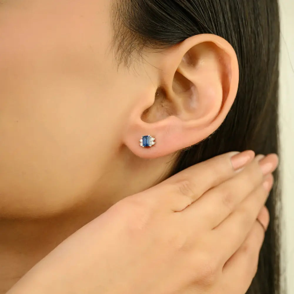 Delicate Blue Sapphire & Diamond 14K White Gold Minimal Stud Earrings Graduation Gift