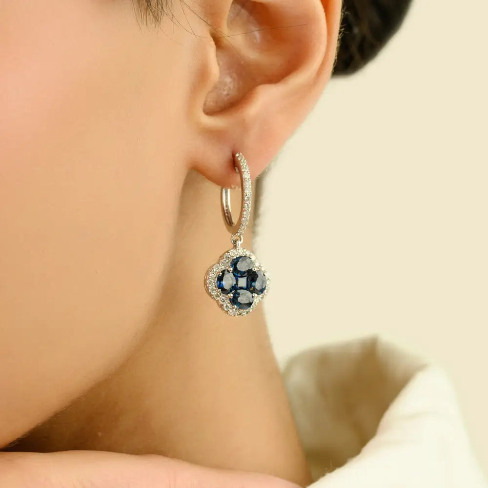 Trending K14 White Gold Blue Sapphire & Diamond Luxury Hoop Charm Clover Drop Earrings
