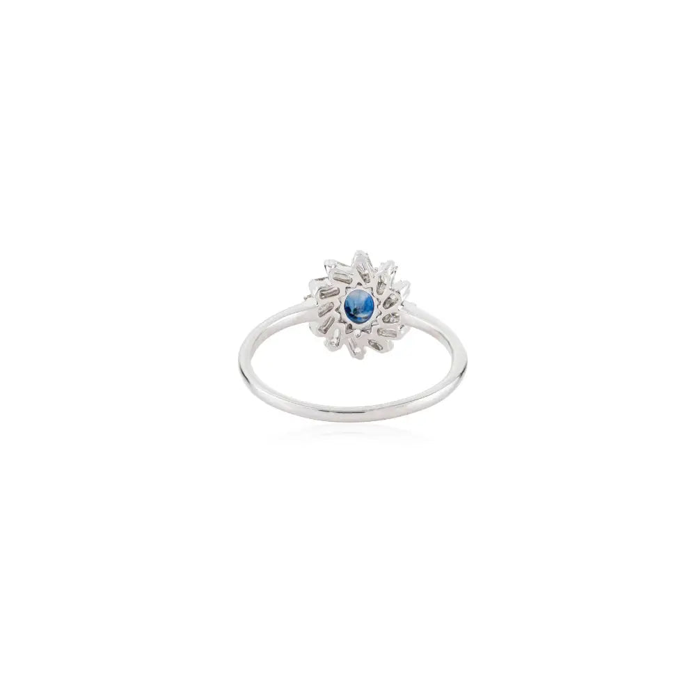 Elegant Design Blue Sapphire & Diamond 14K Real White Gold Cluster Engagement Ring