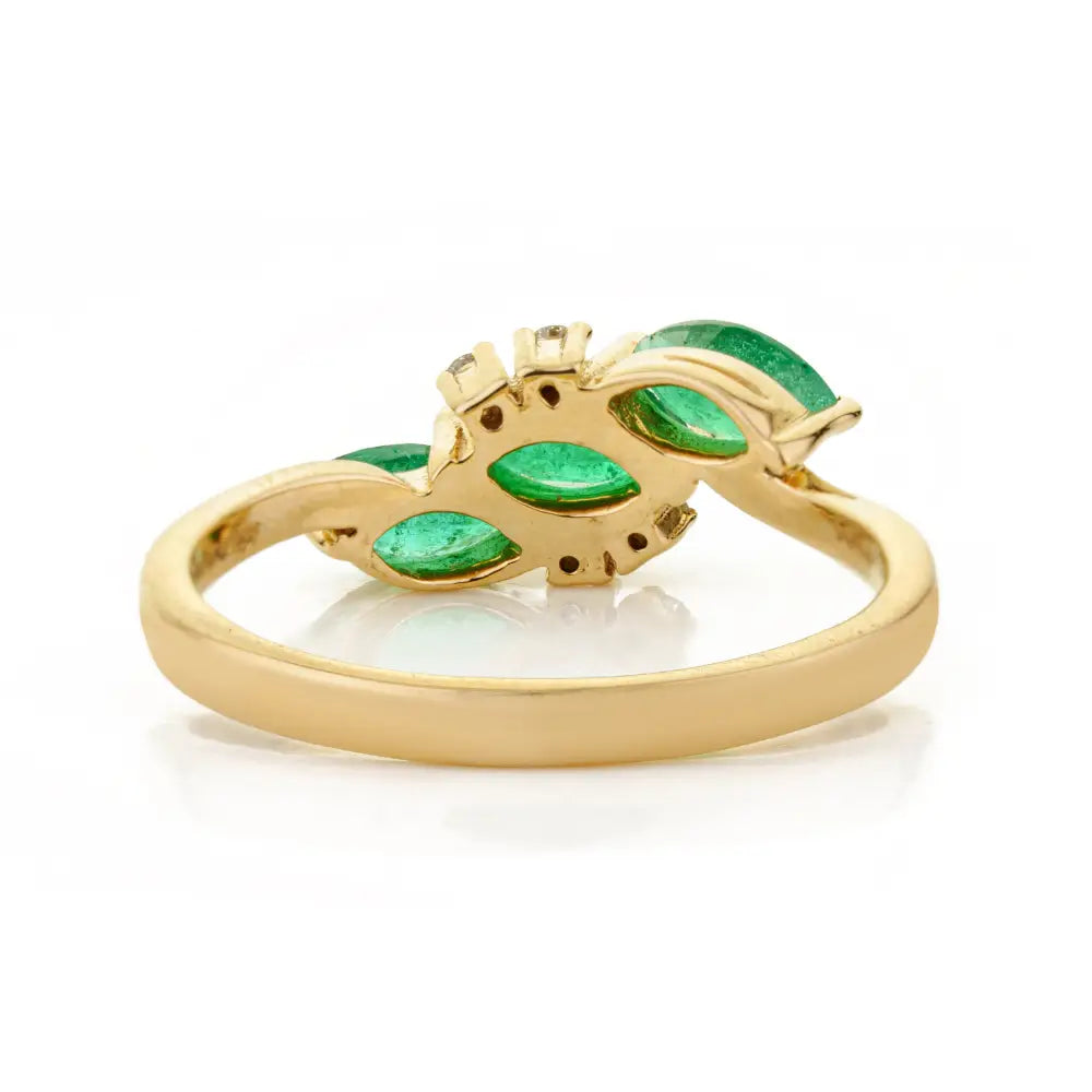 Marquise Shape Emerald & Diamond Three Stone Ring Stackable 14K Yellow Gold Jewelry