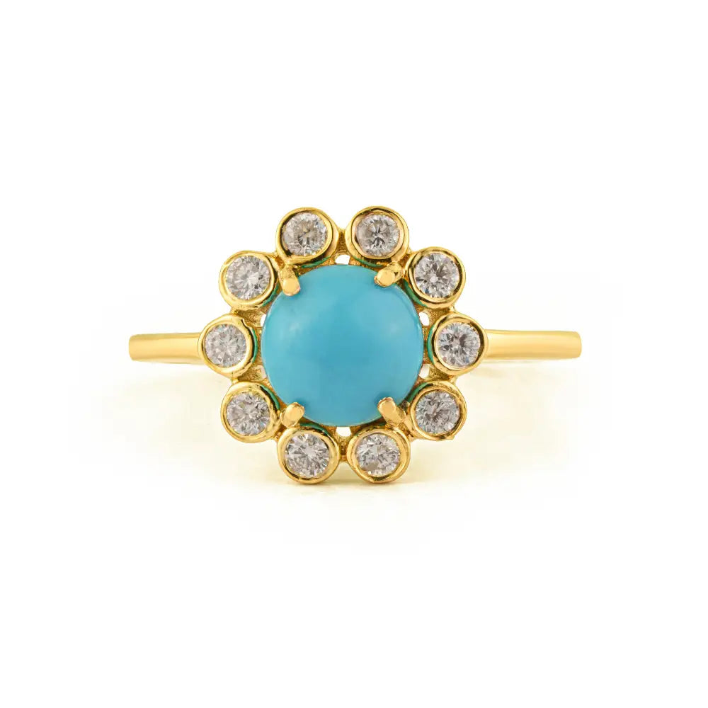 Flower Inspired 14K Yellow Gold 7mm Round Cut Turquoise & Diamond Cluster Ring For Unisex