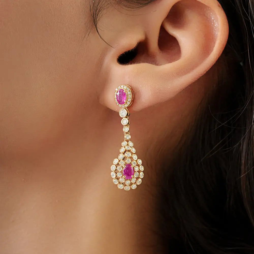 Bold Statement Ruby & Diamond Solid K14 Yellow Gold Dangle Earrings Anniversary Gift