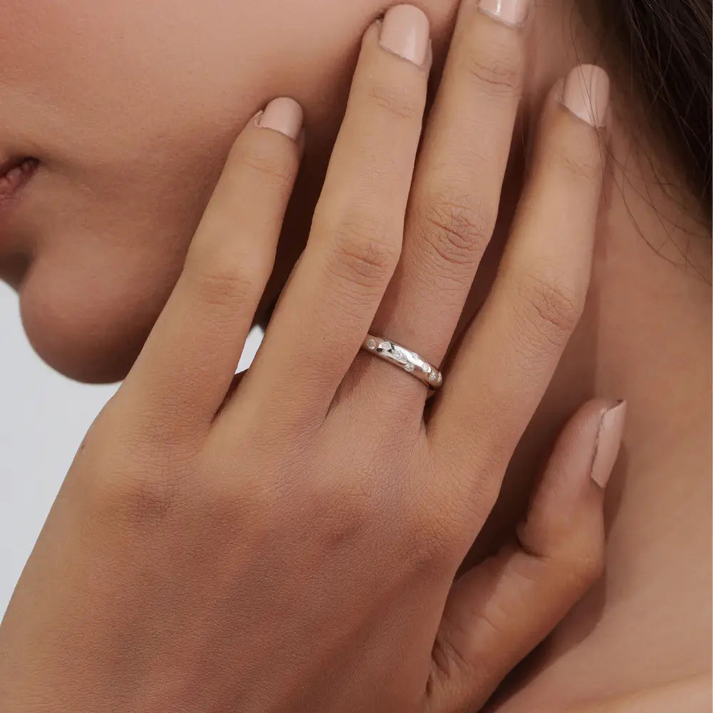 Latest Design Pave Set Diamond Minimalist Dome Ring Real K14 White Gold Jewelry Supplier