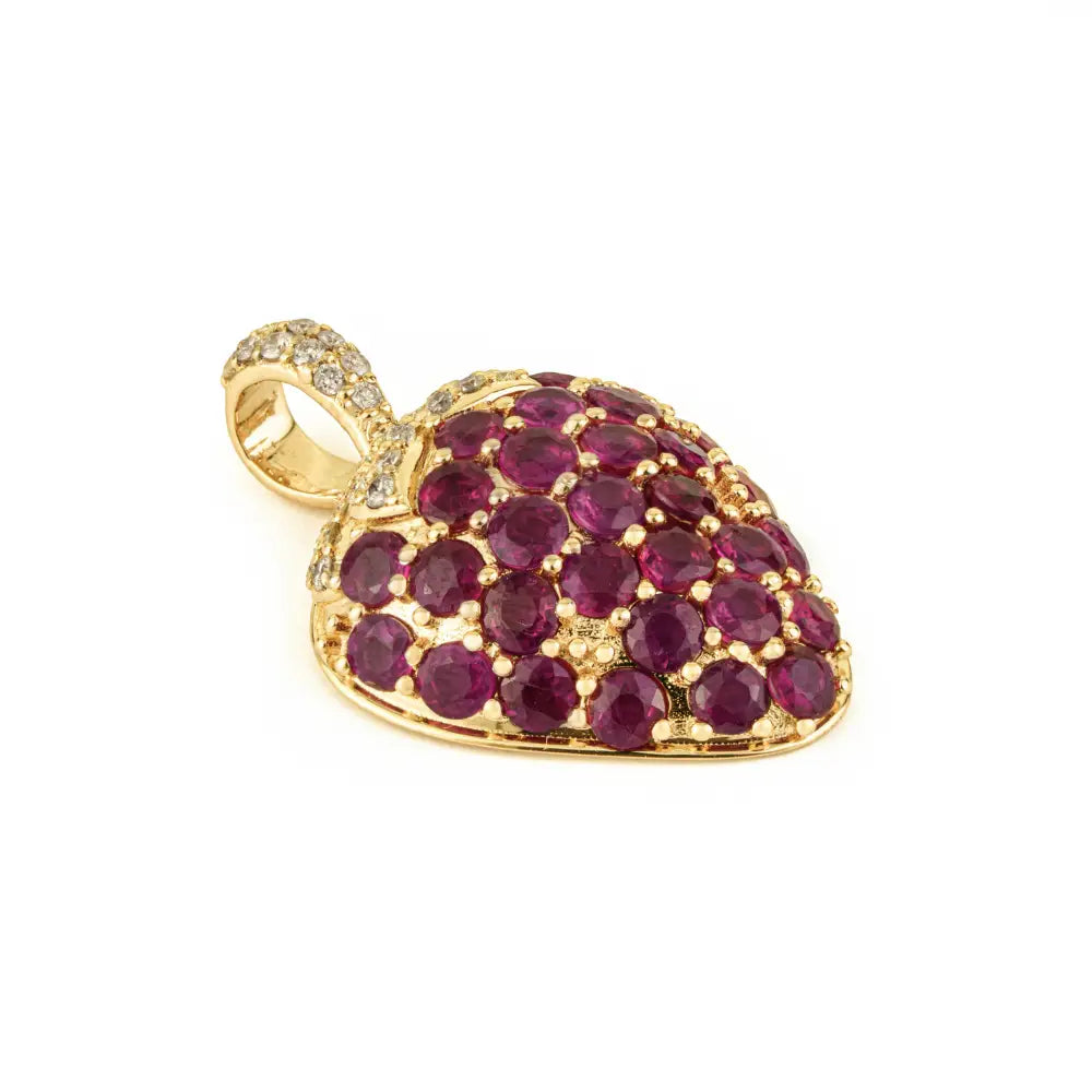 Unique Design Full Pave Set Ruby & Diamond Strawberry Pendant 14K Real Yellow Gold Jewelry