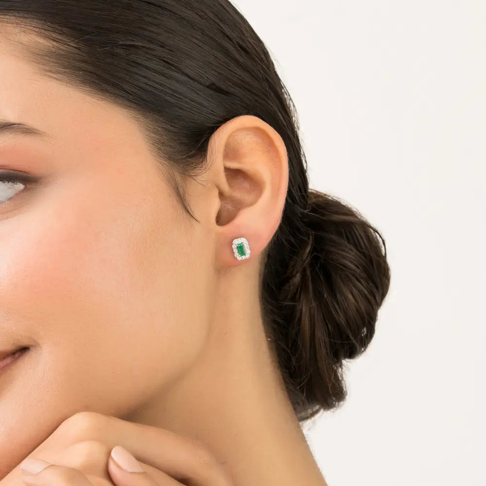 Dainty Small Emerald & Diamond Halo Stud Earrings Handmade 14K Pure White Gold Jewelry