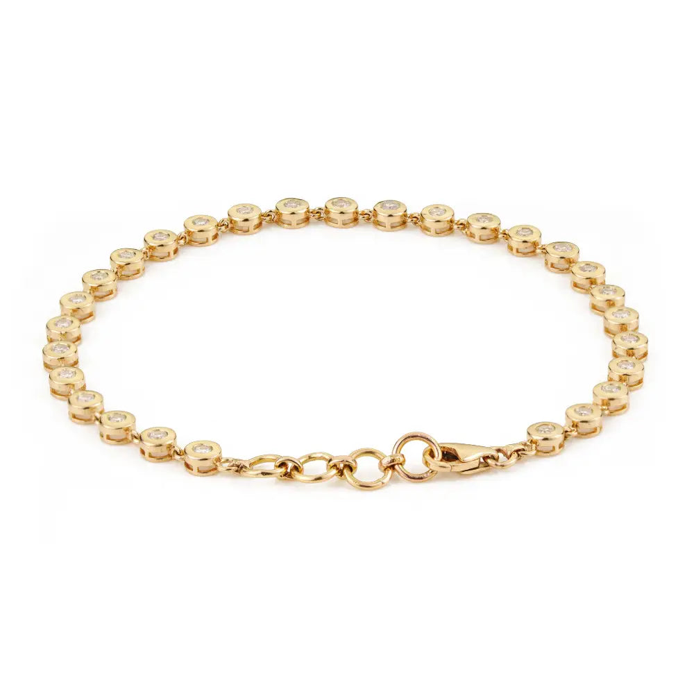 Round Cut Diamond Bezel Set Solid 14K Yellow Gold Bubble Stackable Bracelet For Unisex
