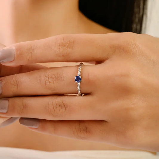 3.5 mm Round Cut Blue Sapphire Minimalist Solitaire Gemstone Ring 14K Real White Gold