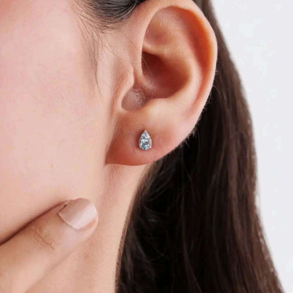 Solid 14K White Gold Pear Shape Aquamarine Gemstone Single Stone Minimal Stud Earrings