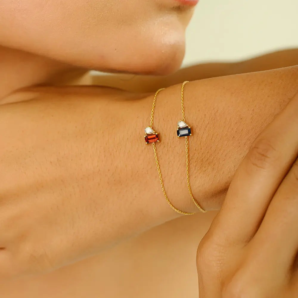 5x3mm Baguette Cut Garnet & Diamond Dainty Toi et Moi Bracelet 14K Real Yellow Gold Jewelry