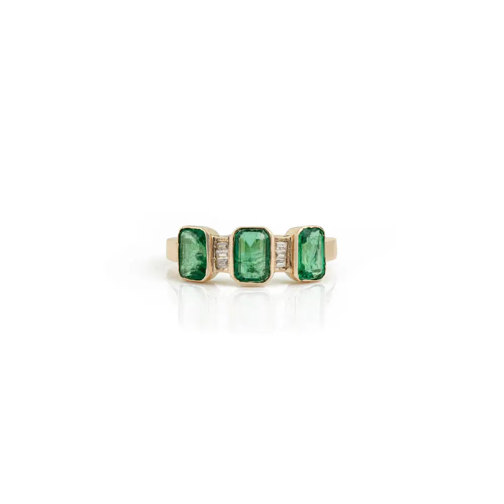 May Birthstone Natural Emerald & Diamond 14K Yellow Gold Three Stone Stackable Ring