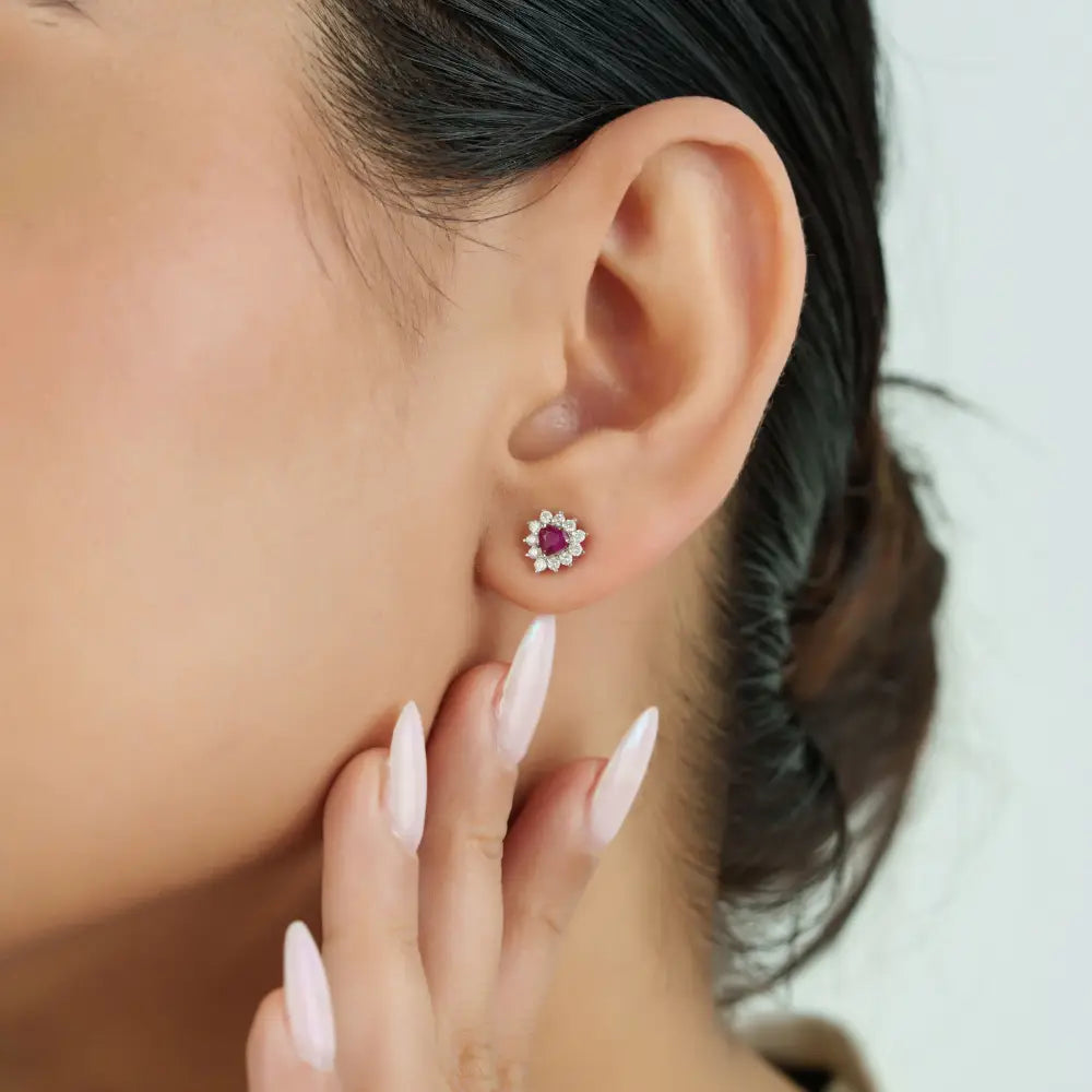 Solid 14K White Gold Heart Shape Ruby & Diamond Cluster Stud Earrings For Women & Girls