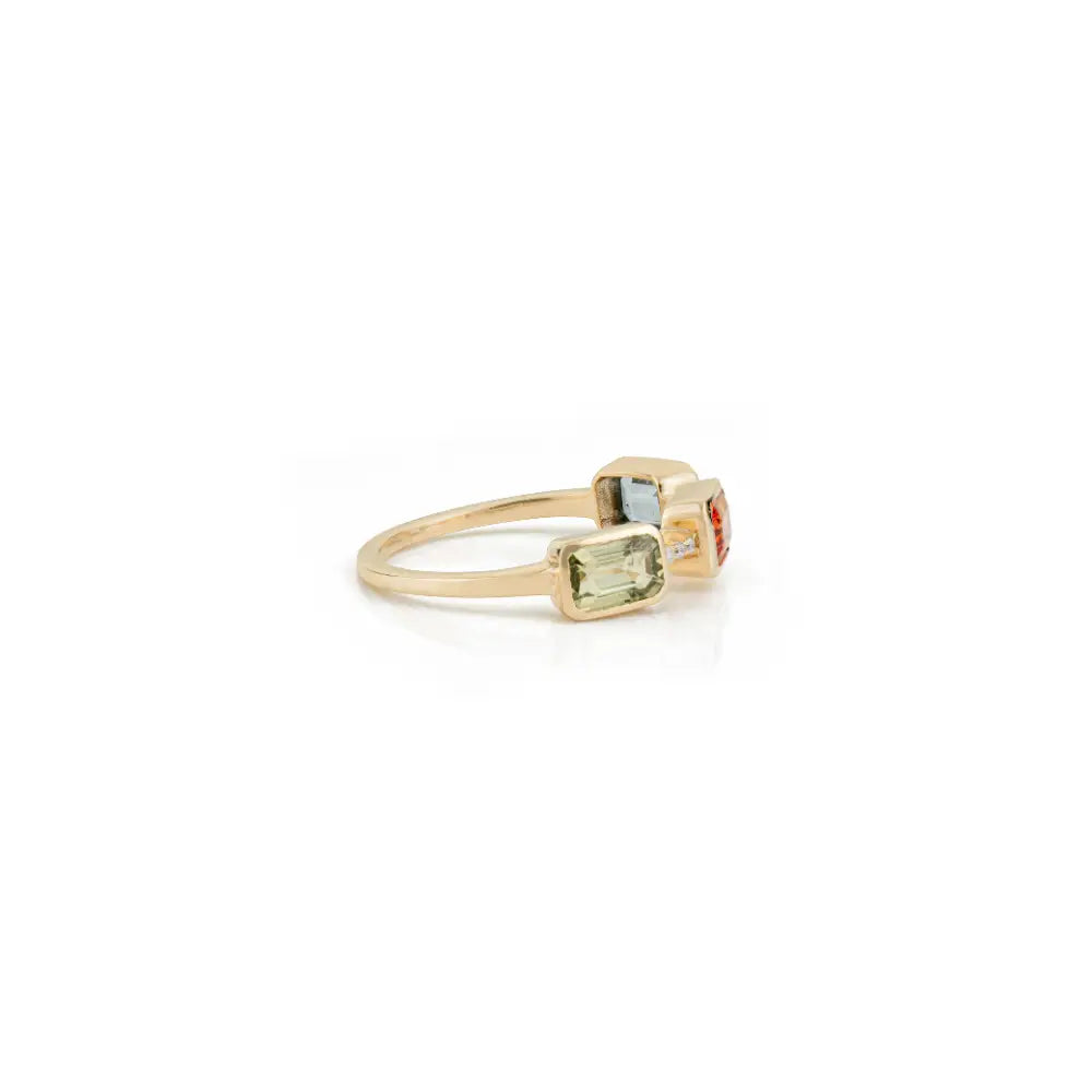 Elegant Design 14K Solid Yellow Gold Multi Sapphire & Diamond Three Stone Ring Stack Jewelry