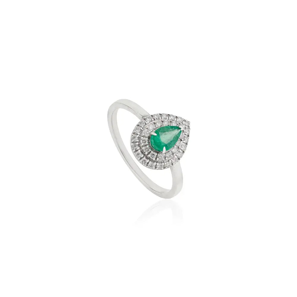 6x4 mm Emerald & Diamond Pear Shape Double Cluster Ring Classic 14K White Gold Jewelry