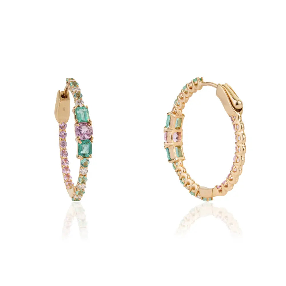 Precious Gemstone Emerald Pink Sapphire & Diamond Hoop Earrings 18K Yellow Gold Jewelry