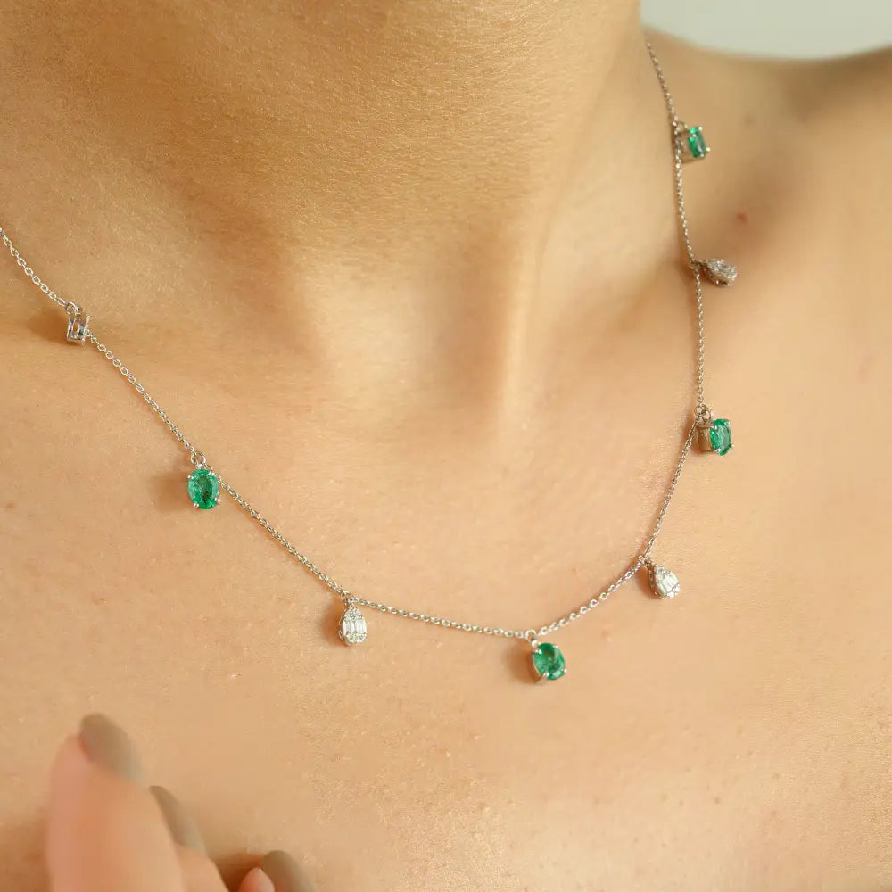 Elegant Design 14K White Gold Emerald & Diamond Stacking Charm Necklace Everyday Jewelry