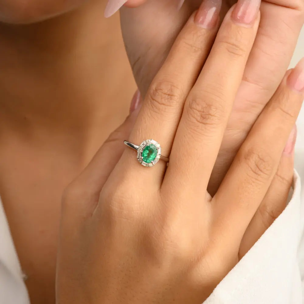 Trending Jewelry Natural Emerald & Diamond 14K White Gold Genuine Ring