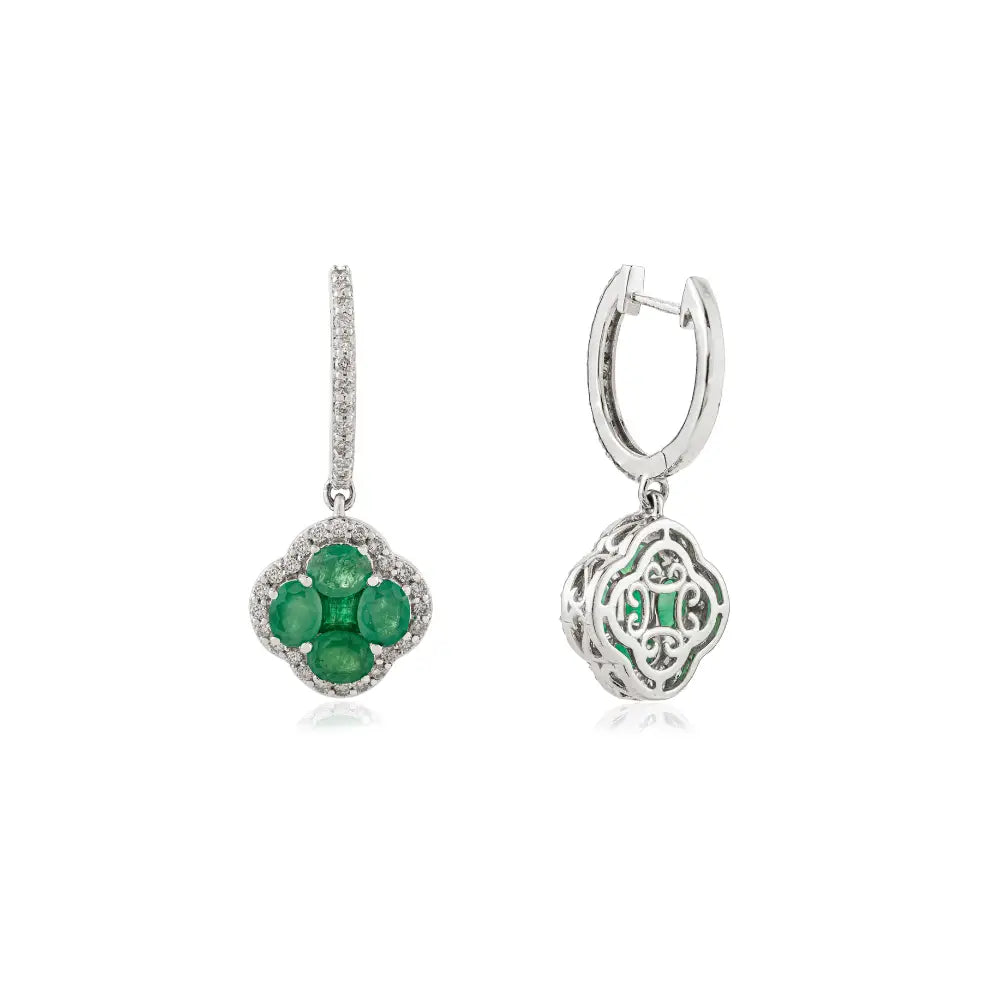 K14 White Gold Emerald & Diamond Hoop Charm Clover Drop Earrings Statement Jewelry