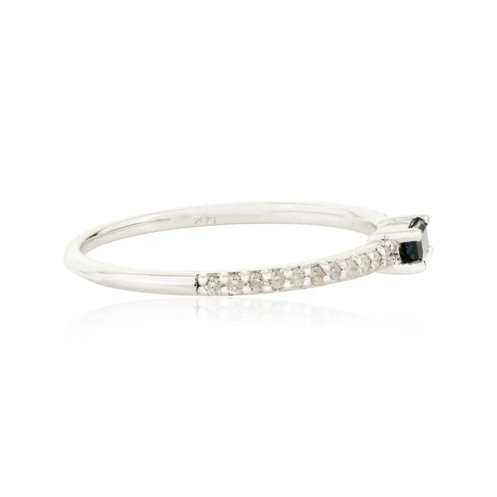 Minimalist Blue Sapphire & Diamond K14 Solid White Gold Stacking Band Ring Everyday Jewelry