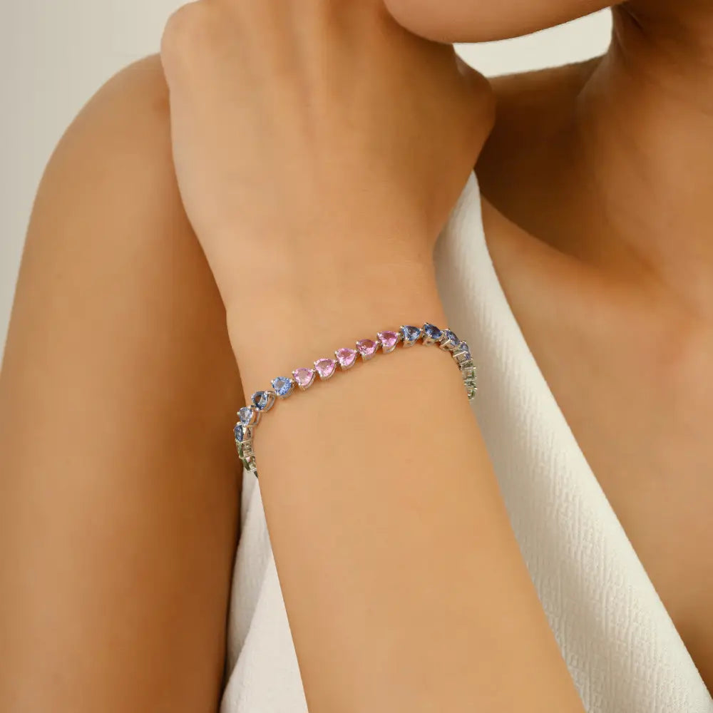 Heart Shape Rainbow Multi Sapphire 14K Solid White Gold Tennis Bracelet Stackable Jewelry