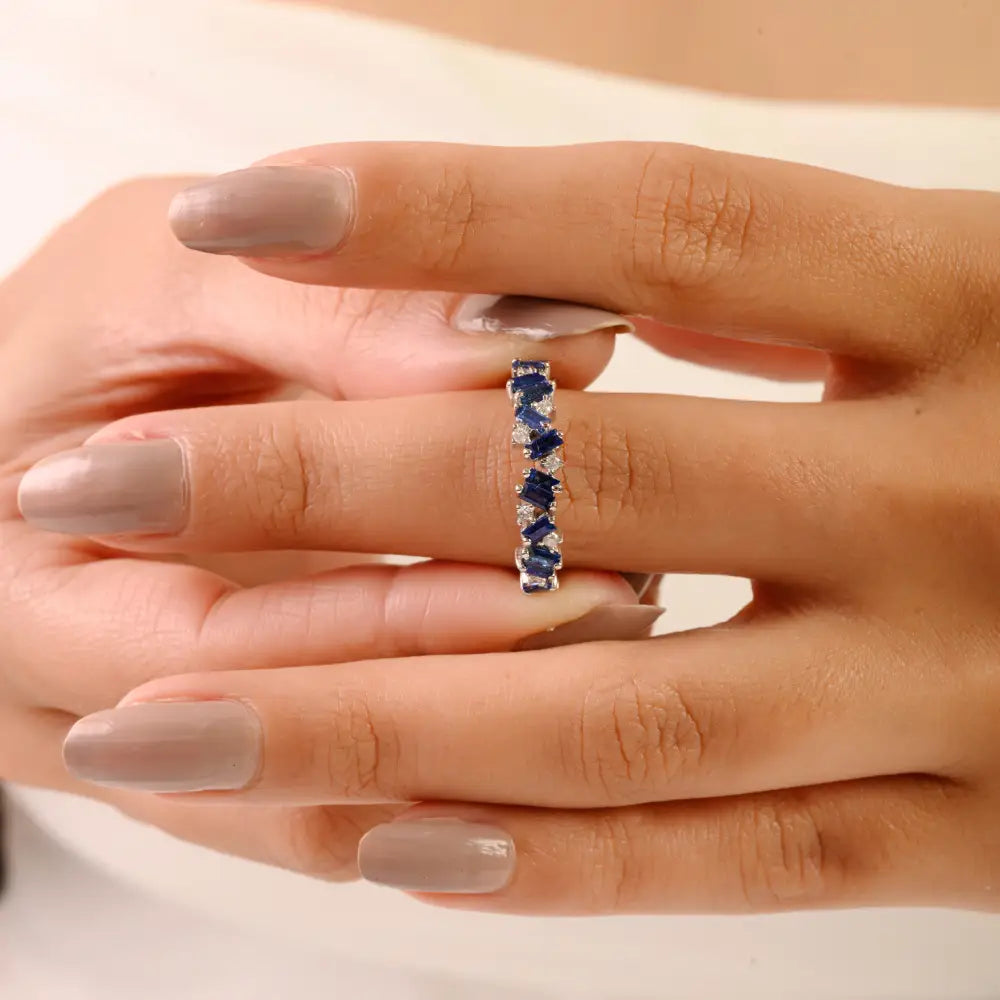 Unique Design Blue Sapphire & Diamond Zig Zag Half Band Ring Stacking 14K Solid Gold Jewelry