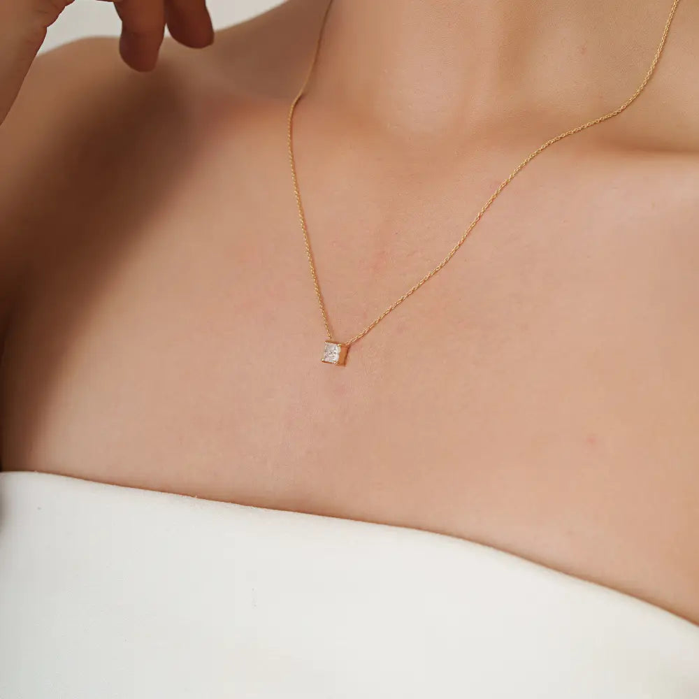 Princes Cut Diamond Solitaire Pendant Necklace Graduation Gift 14K Real Yellow Gold Jewelry