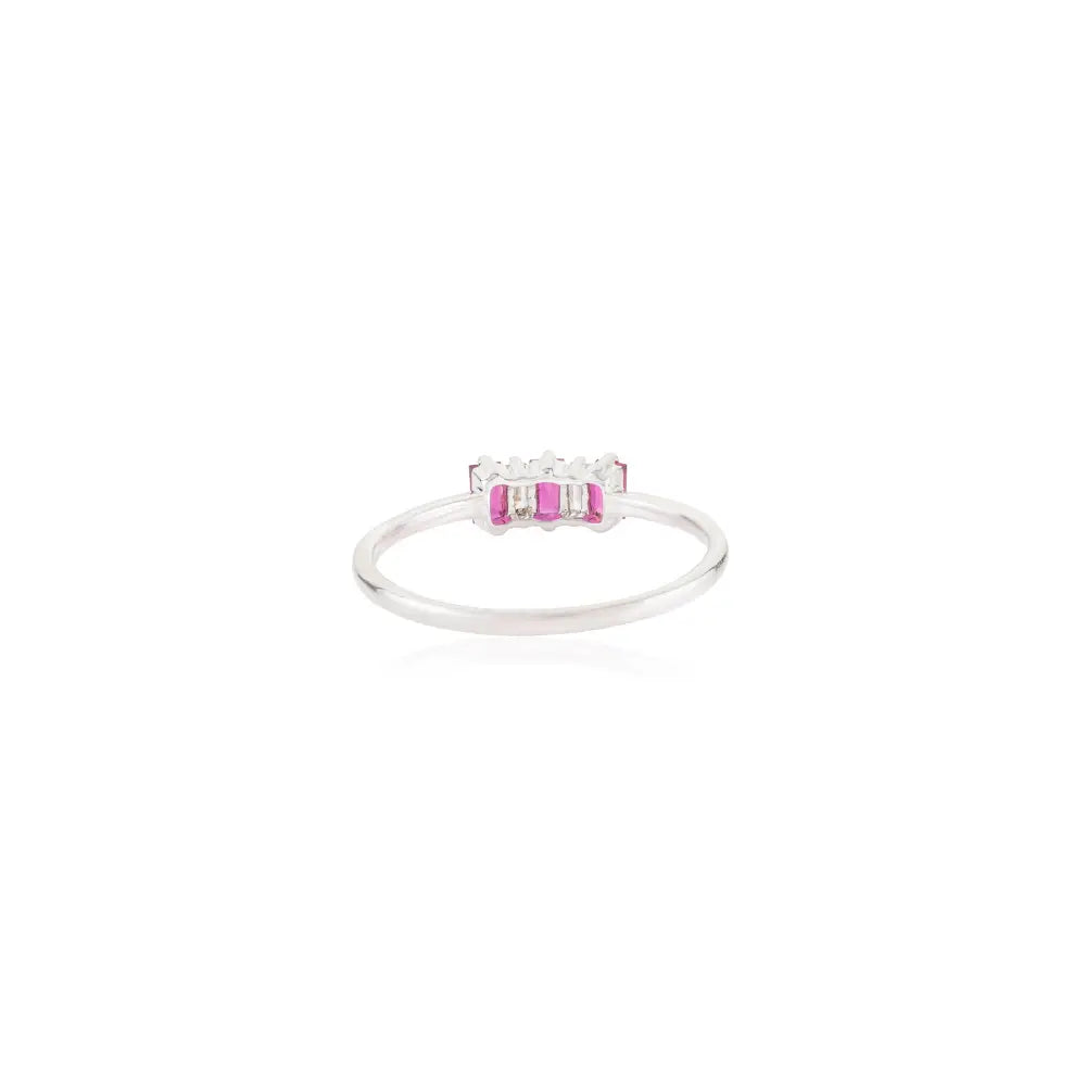 Minimalist Ruby & Diamond Three Stone Ring For Women 14K Pure White Gold Custom Jewelry