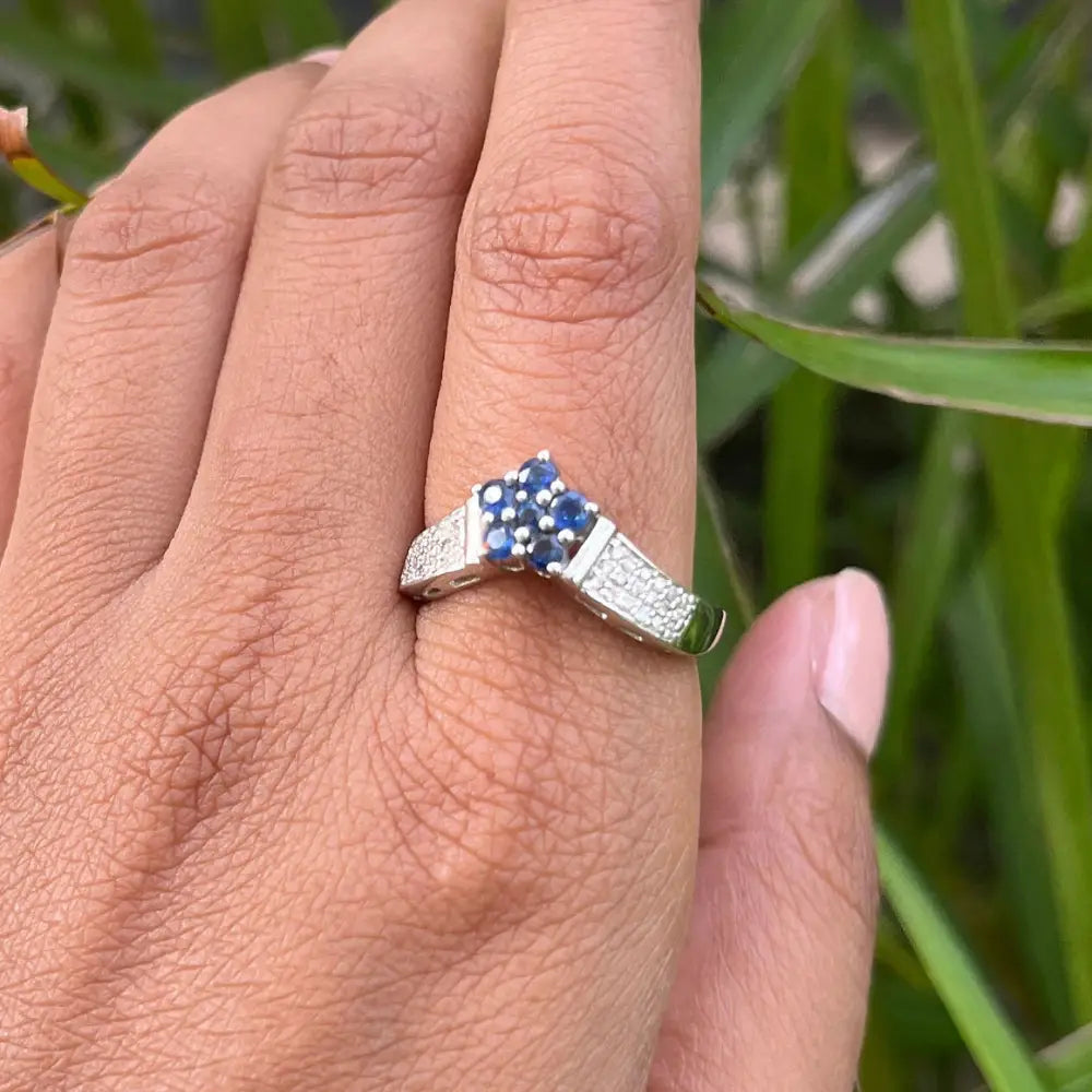 Real Blue Sapphire & American Diamond Flower Band Ring For Women September Birthstone Jewelry