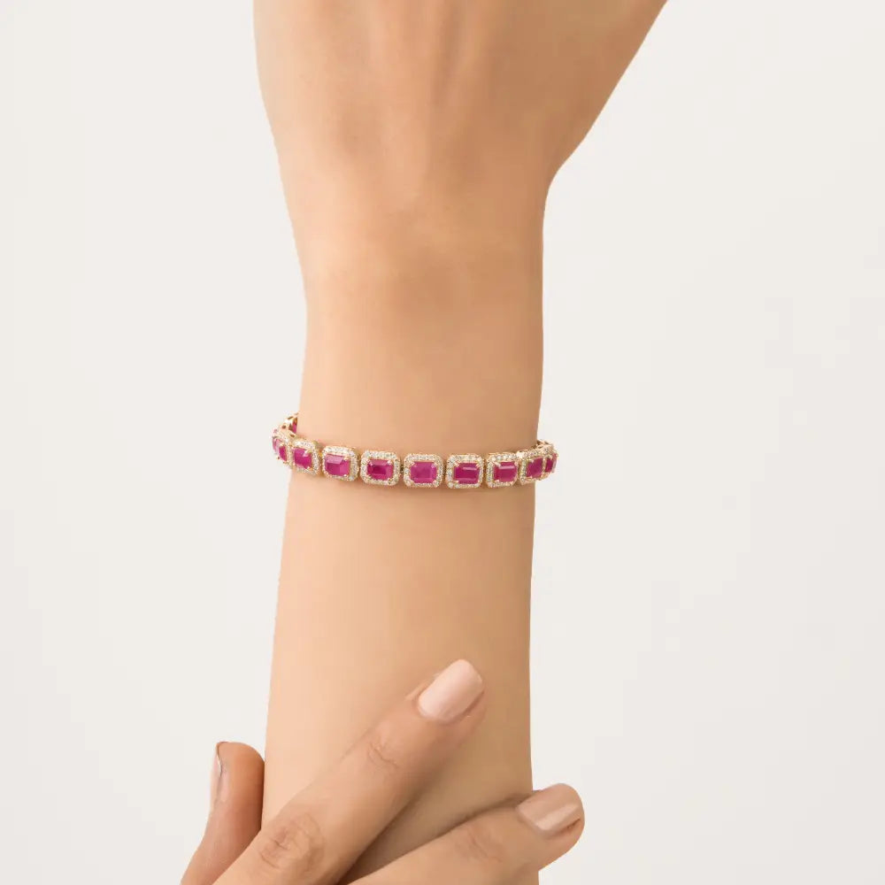 Luxurious Ruby & Diamond Halo Statement Tennis Bracelet 14K Yellow Gold Wedding Jewelry