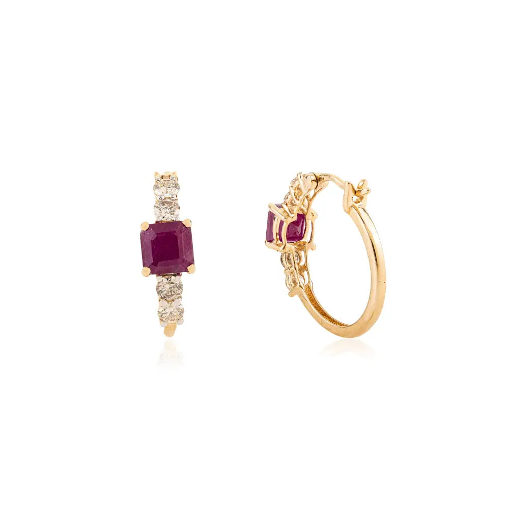K14 Solid Yellow Gold Trending Ruby & Diamond Hoop Earrings For Women Girl Gifting Jewelry