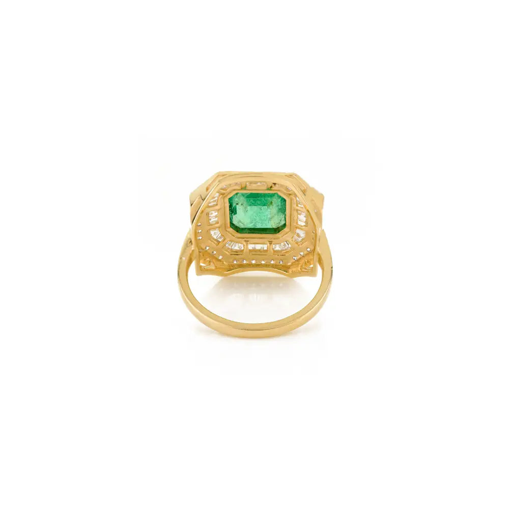 Precious Gemstone Cushion Cut Emerald & Diamond 14K Yellow Gold Bold Wedding Ring