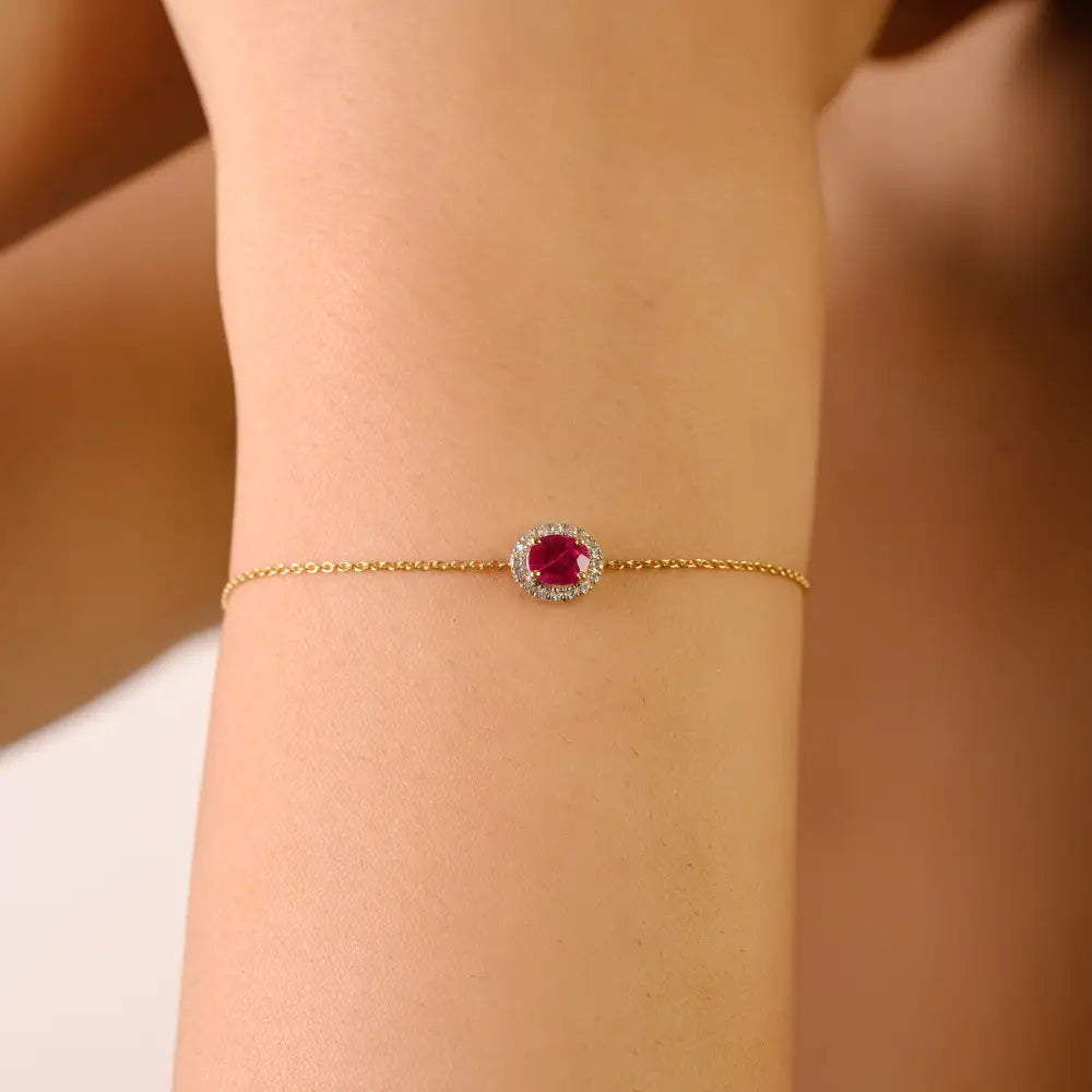 Stunning Precious Gemstone Ruby & Diamond 14K Yellow Gold Solitaire Halo Bracelet Women