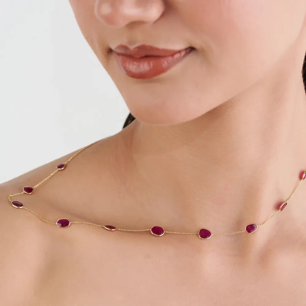 100% Natural Uneven Cut Ruby Gemstone Station Chain Necklace Wholesale 14K Yellow Gold Bulk Jewelry