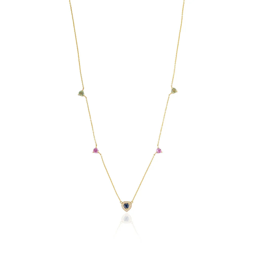 Heart Shape Multi Sapphire & Diamond Elegant Charm Necklace Real K14 Yellow Gold Customized Jewelry