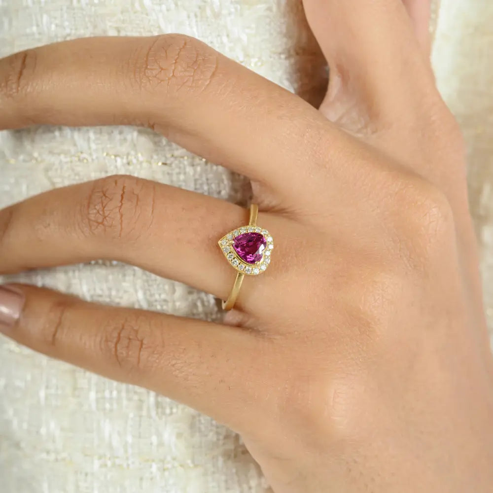 Red Ruby & Diamond Heart Shape Halo Proposal Ring In 18K Yellow Gold Anniversary Gift