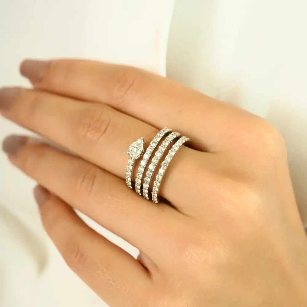 18K White Gold 100% Natural Diamond Spiral Wrap Ring For Women's Wedding Jewelry