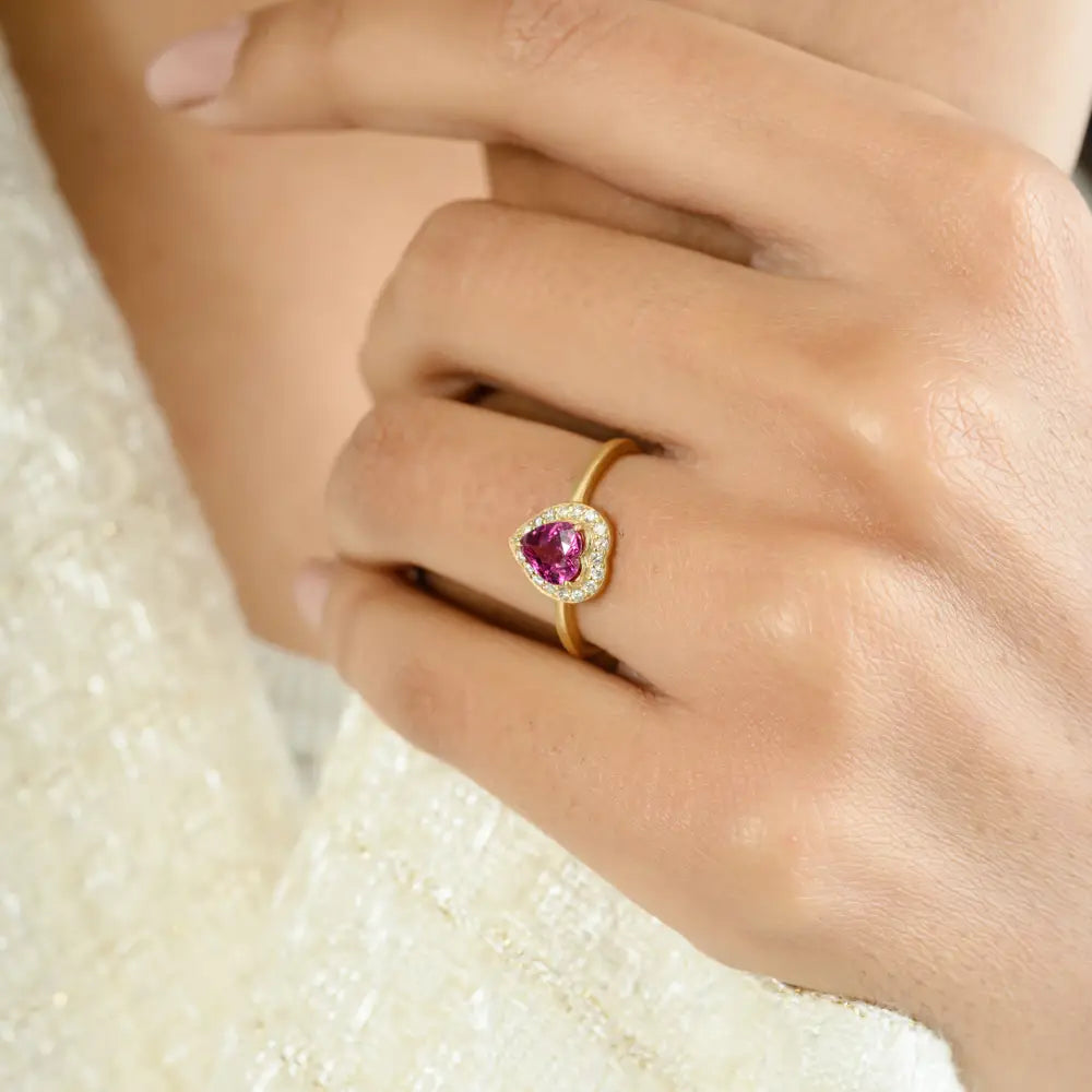 Red Ruby & Diamond Heart Shape Halo Proposal Ring In 18K Yellow Gold Anniversary Gift