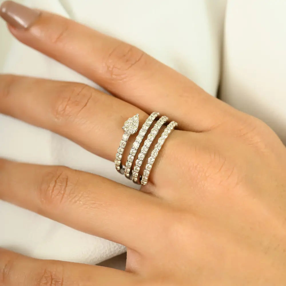 18K White Gold 100% Natural Diamond Spiral Wrap Ring For Women's Wedding Jewelry