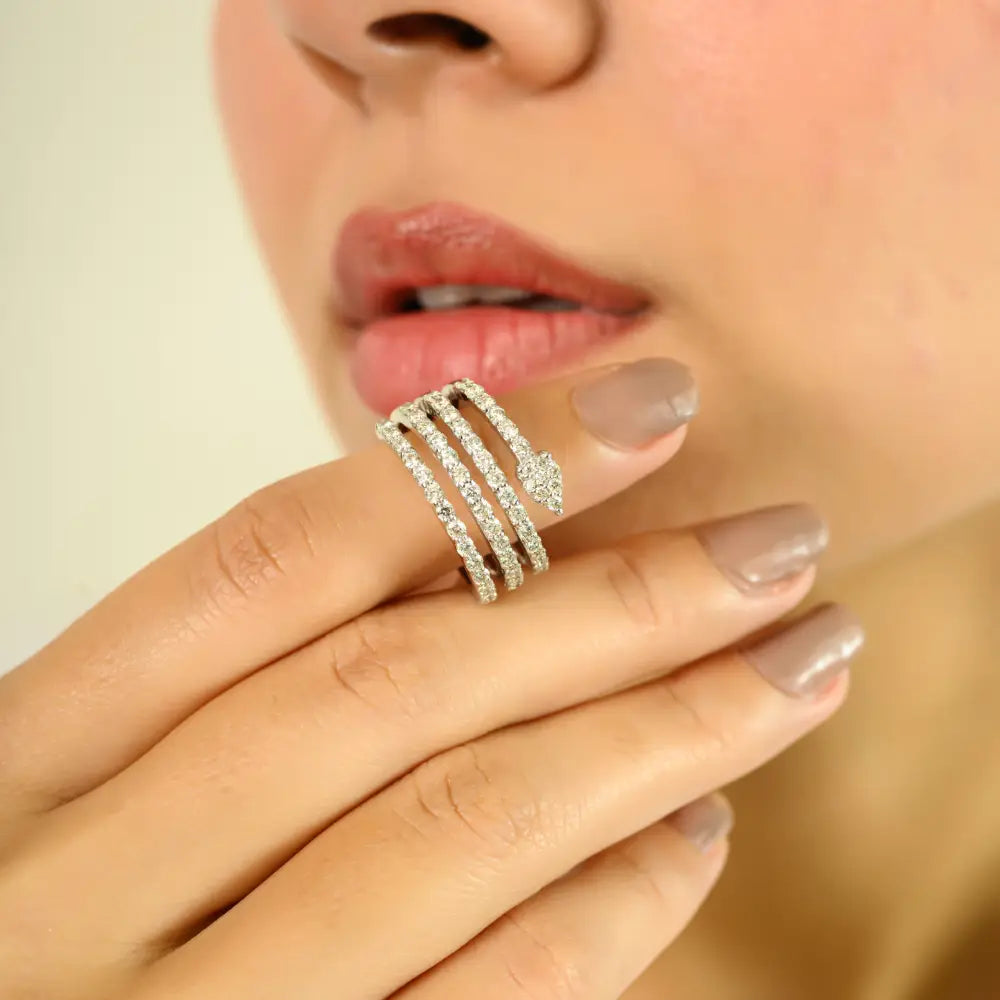 18K White Gold 100% Natural Diamond Spiral Wrap Ring For Women's Wedding Jewelry