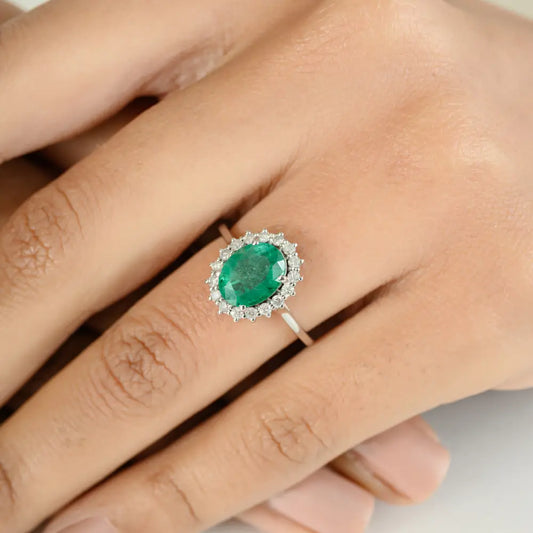 Natural Zambian Emerald & Diamond Real 14K White Gold Halo Ring Handmade Jewelry