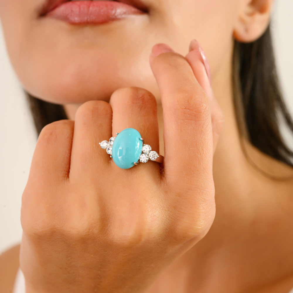 Pure 925 Sterling Silver Jewelry 100% Natural Turquoise & American Diamond Gemstone Ring For Women