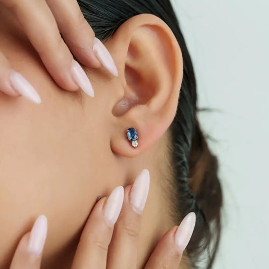 Elegant Classic Design Blue Sapphire & Diamond 14K White Gold Minimal Stud Earrings For Girls