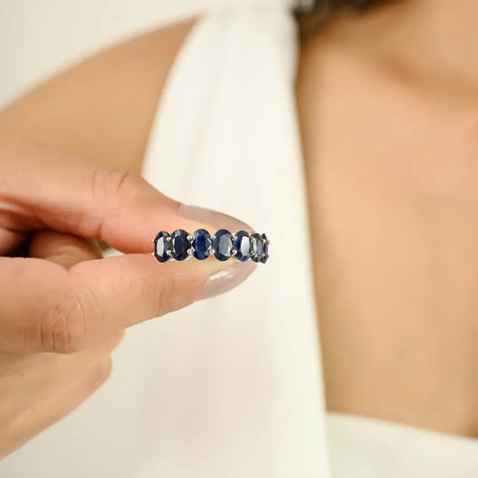 Oval Cut Blue Sapphire Half Eternity Band Ring For Unisex Custom 14K Gold Everyday Jewelry