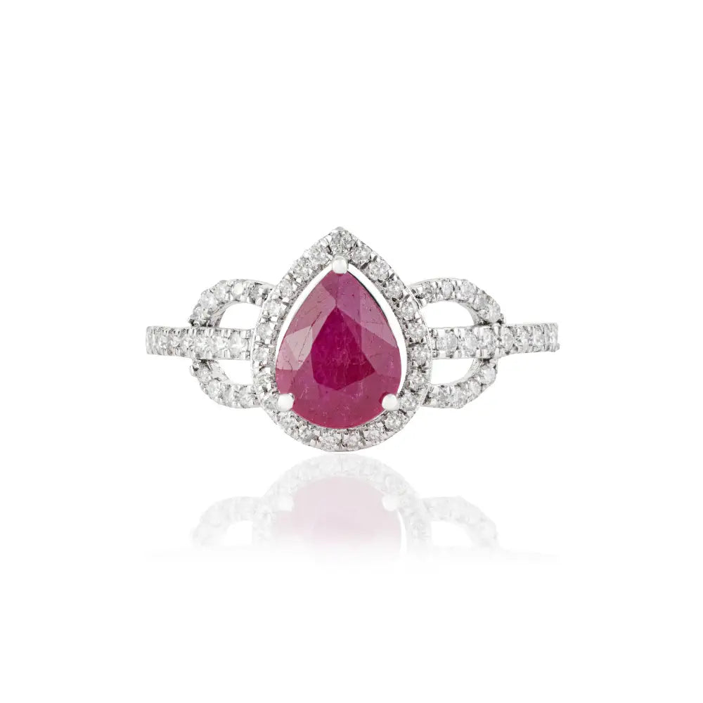 Women's Trendy 14K White Gold Real Ruby & Diamond Wedding Ring New Collection Jewelry