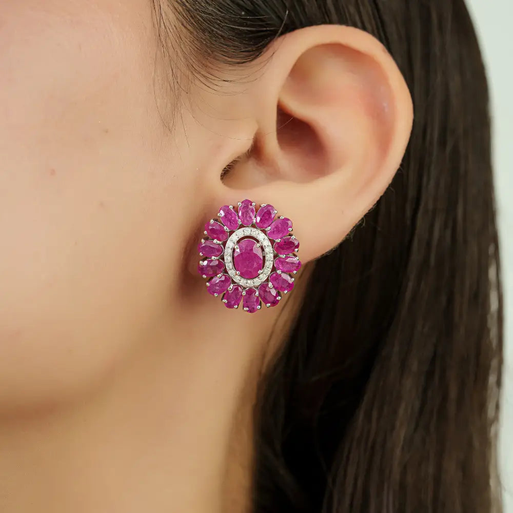 July Birthstone Ruby & Diamond Halo Big Flower Stud Earrings For Women 14K White Gold