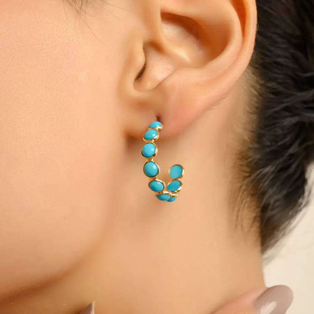 December Birthstone Turquoise Stone 18k Pure Yellow Gold Everyday Wear C Hoop Earrings