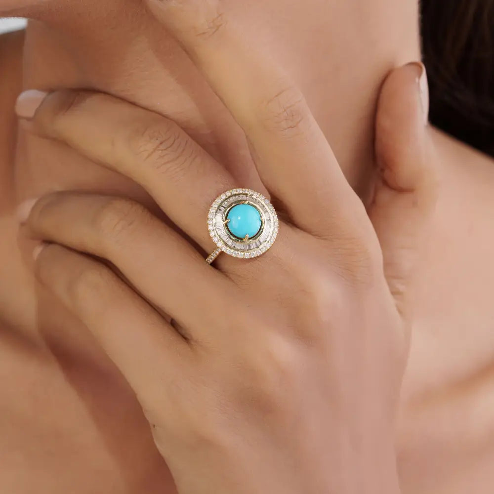 Round Cut Turquoise & Diamond Double Cluster Statement Ring December Birthstone 14K Gold