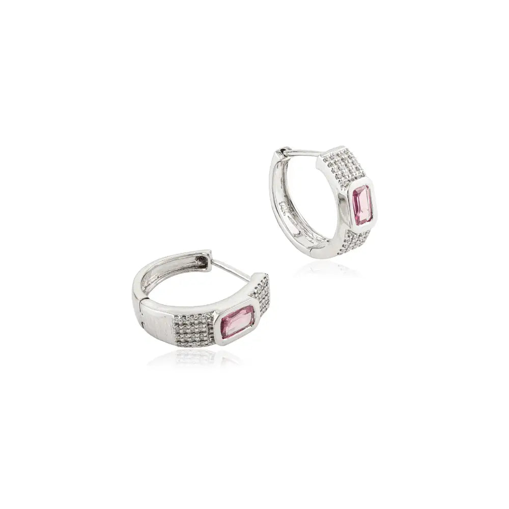 Pink Sapphire & Diamond Russian Lock Trending Hoop Earrings 14K White Gold Fine Jewelry