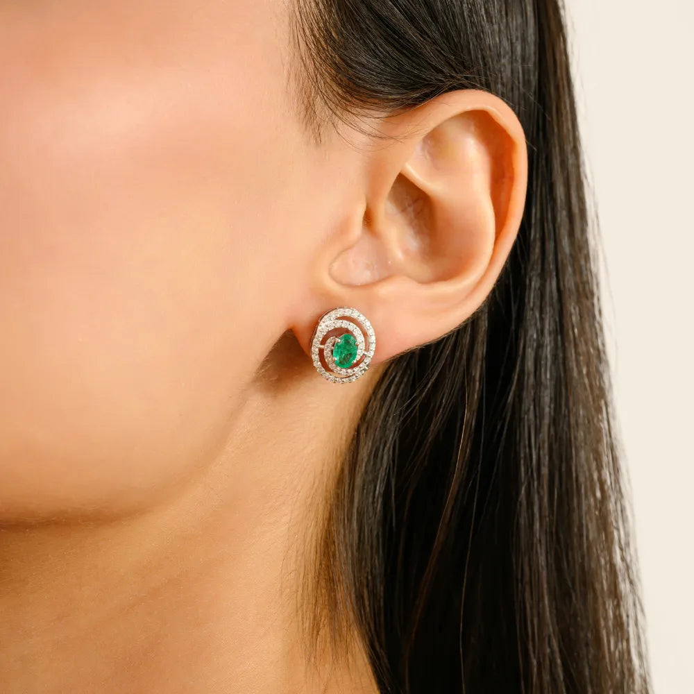 Unique Latest Design Emerald & Diamond Double Halo Spiral Stud Earrings 14K Gold Jewelry