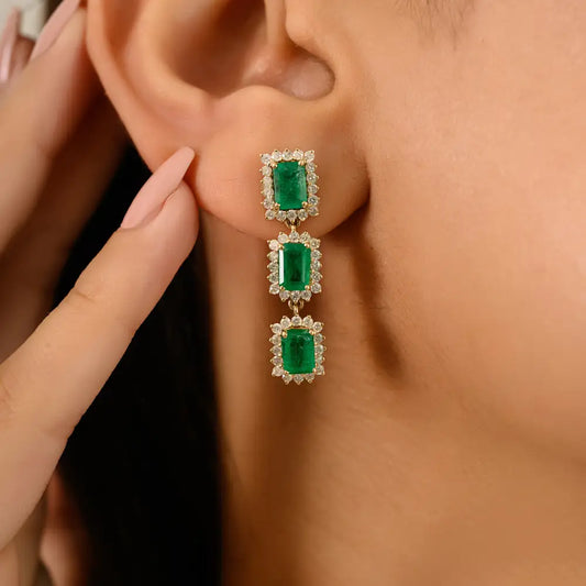 Prong Set Emerald & Diamond Cluster Dangle Earrings For Women Wedding Jewelry 14K Gold